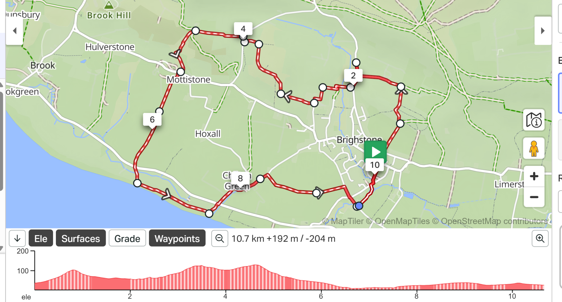 The route on open street map with elevation